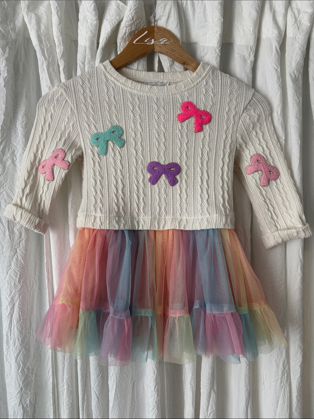 Rare Editions Cream Knit Dress with Pastel Rainbow Tulle